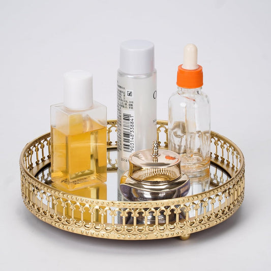 Gold Mirrored Vanity Tray for Bathroom Counter,Metal Decorative Jewelry Storage Tray Cosmetic Perfume Organizer for Dresser,Bedroom,Home Decor,Suit for Candle Holder,Coffee Table Centerpiece,S