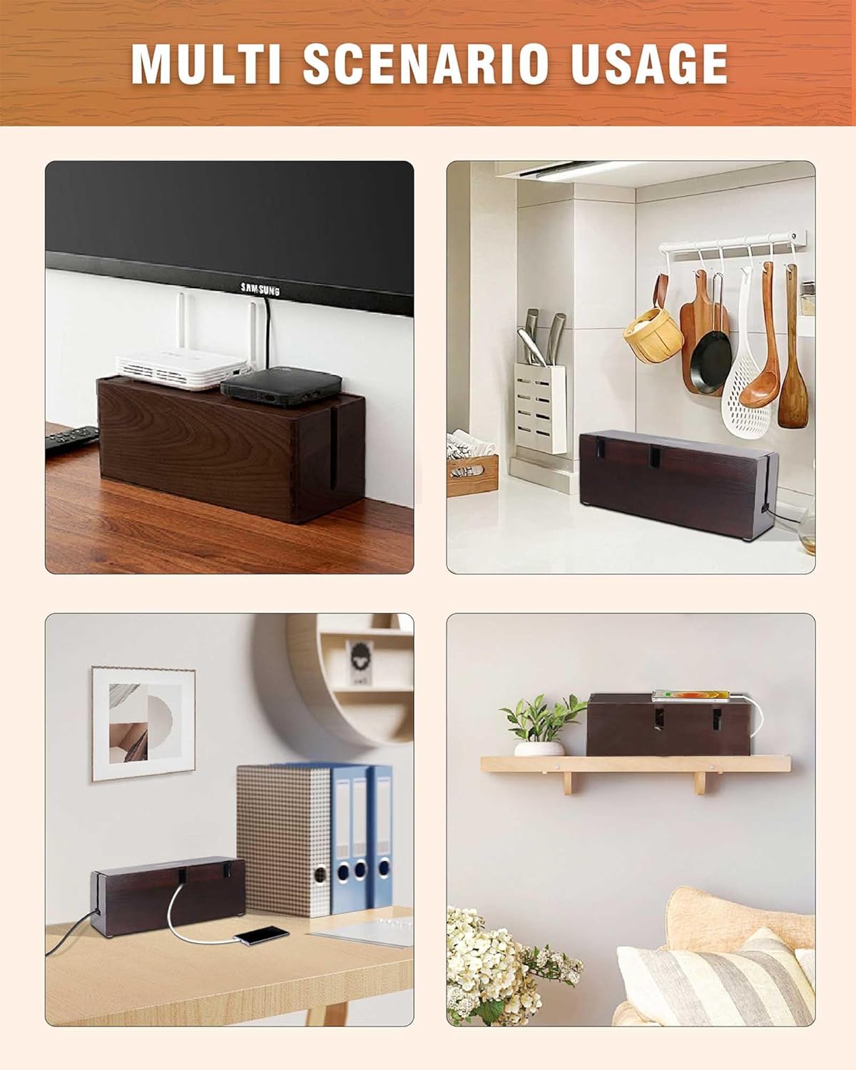 Natural Wood Cable Box. Cherry Color Large Cable Management Box, Cable Organizer Box, Perfect for Home, Office, or Desktop use. - Child and pet Safe Cable Box