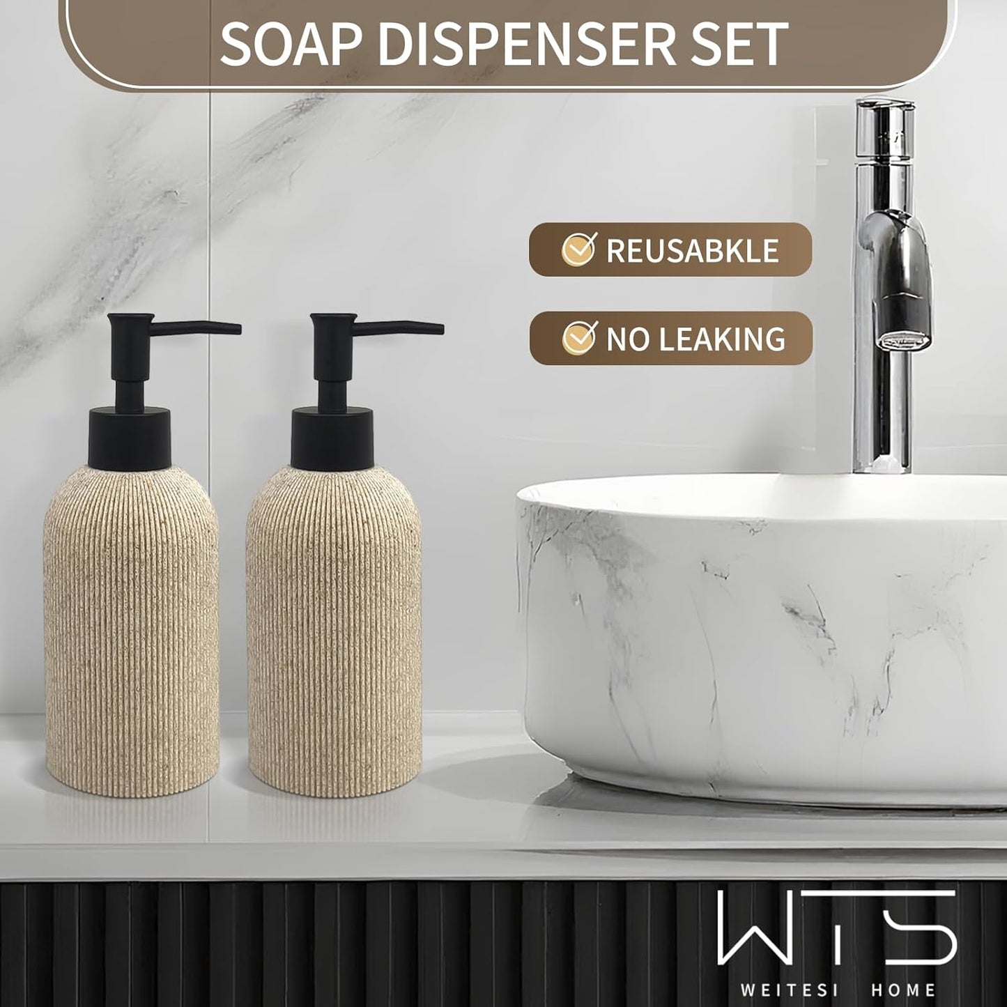 Hand Soap Dispenser for Bathroom and Kitchen Countertop, 10 oz Resin Soap and Lotion Dispensers Set with Plastic Rust Proof Pump, Boho Refillable Liquid Dish Soap Dispensers Bottle,Beige