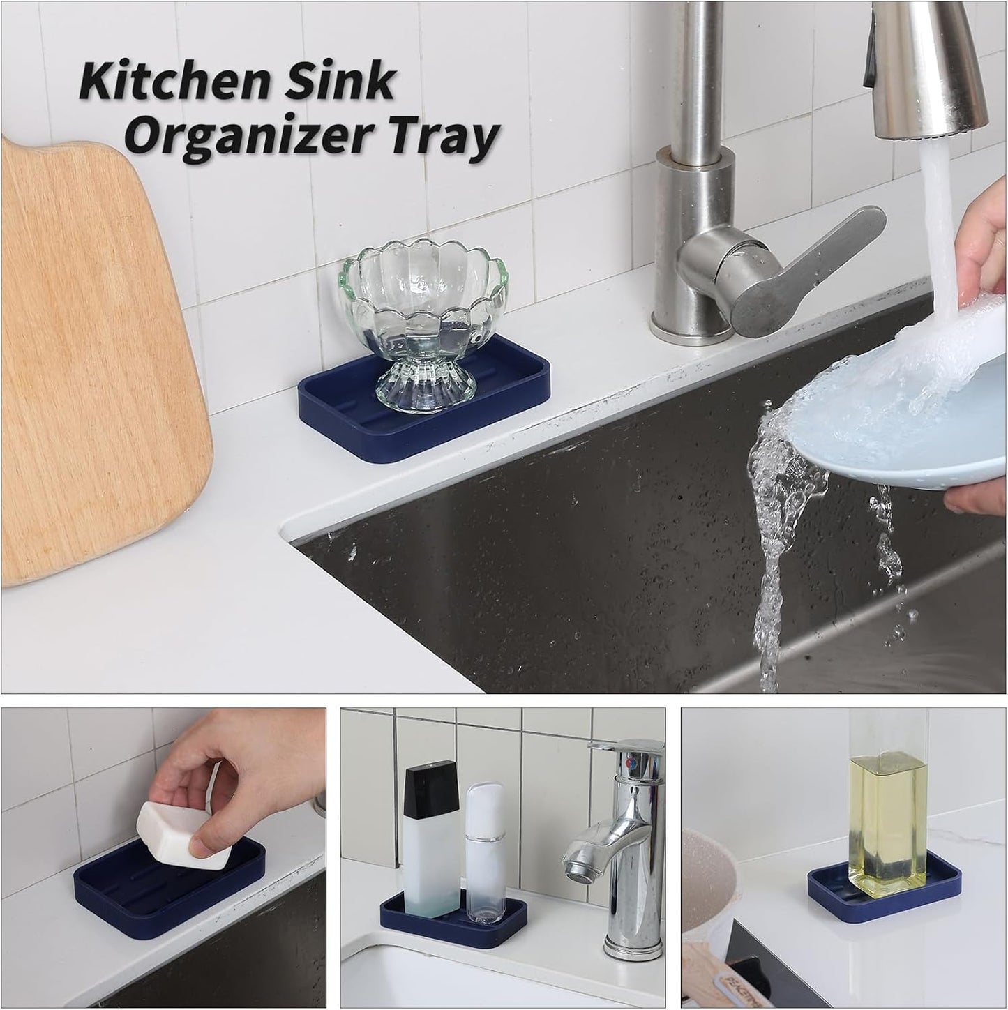 Silicone Kitchen Sink Organizer Tray for Multiple Usage,Easy Clean Sponges Holder for Kitchen Bathroom Counter or Sink,Dish Soap Dispenser,Scrubber,Bottle,Cup Navy Blue 4.9”x 3.2”