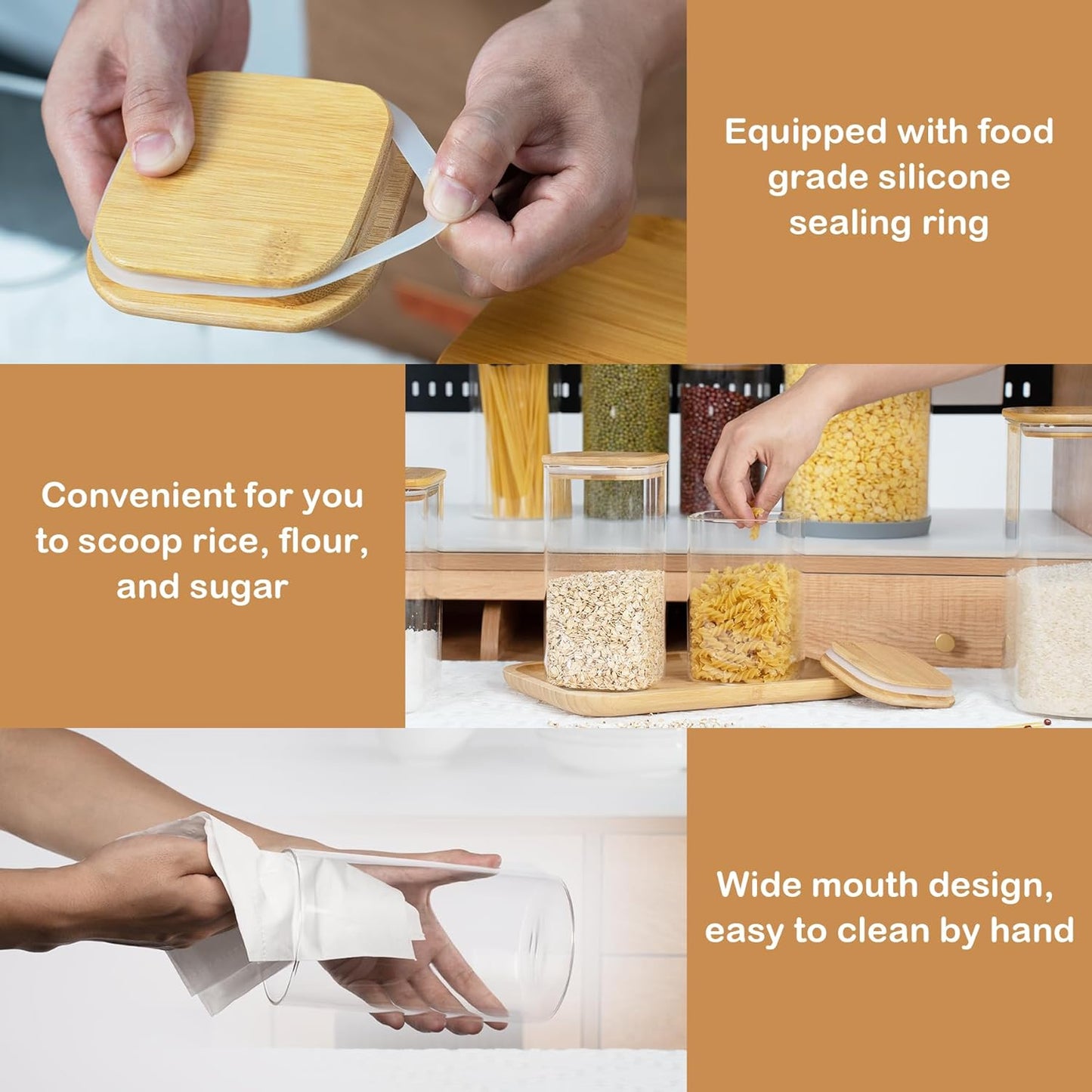 156oz Airtight Glass Square Storage Canister with Bamboo Lid Set of 2(4600ml*2) Large Gallon Glass Jars for Sugar, Flour, Cookies and Coffee beans (‎with Black Lable)