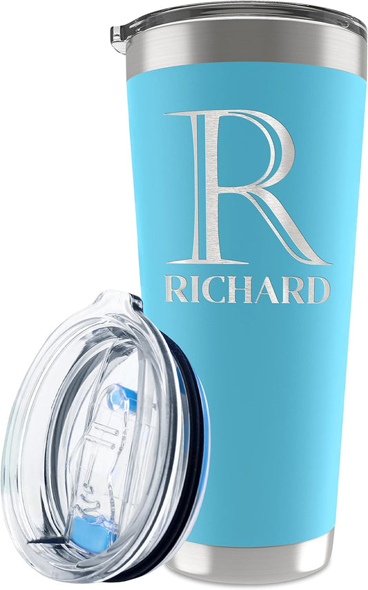 Be Burgundy Personalized Tumbler with Engraved Name - 12 Designs, 30 Oz Coffee Tumbler with Slider Lid, Sky Blue, Double Wall Insulated - Gift for Men, Women, Personalized Gift for Him, Her