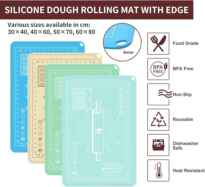 Silicone Baking Mat 20"L x 28"W, Extra Thick Dough Rolling Pad with Measurements and Edge Heightening, Non-stick Food Grade Silicone Pastry Mat for Pastry, Bread, Cookies