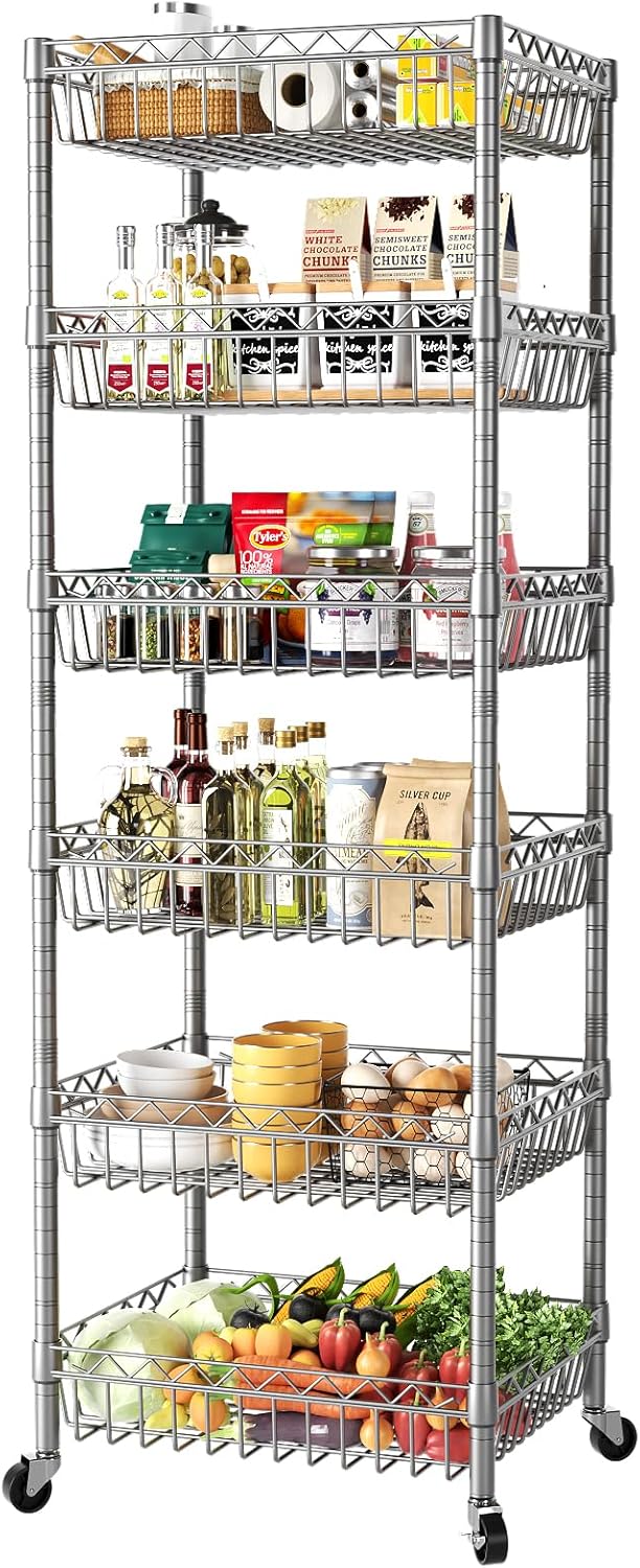 SINGAYE Shelf Storage Wire Shelving：Shelves Rack Standing Units with Wheels Closet Organizers Metal Pantry Kitchen Laundry Room Adjustable 13.5" D x 13.5" W x 63" H Silver
