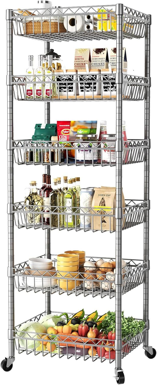 SINGAYE Shelf Storage Wire Shelving：Shelves Rack Standing Units with Wheels Closet Organizers Metal Pantry Kitchen Laundry Room Adjustable 13.5" D x 13.5" W x 63" H Silver