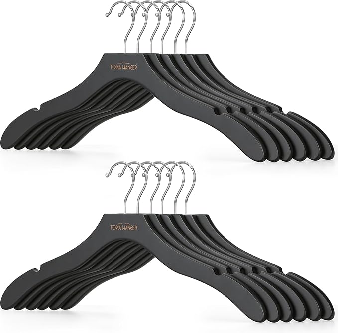 TOPIA HANGER Wooden Coat Hangers 12 Pack, Premium Wood Suit Sweater No Shoulder Bump Hangers, 360° Swivel Hook and Cut Notches Clothes Hangers for Sweater, Hoodie, Shirts, Jackets, Dress, Black CT84B