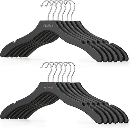 TOPIA HANGER Wooden Coat Hangers 12 Pack, Premium Wood Suit Sweater No Shoulder Bump Hangers, 360° Swivel Hook and Cut Notches Clothes Hangers for Sweater, Hoodie, Shirts, Jackets, Dress, Black CT84B