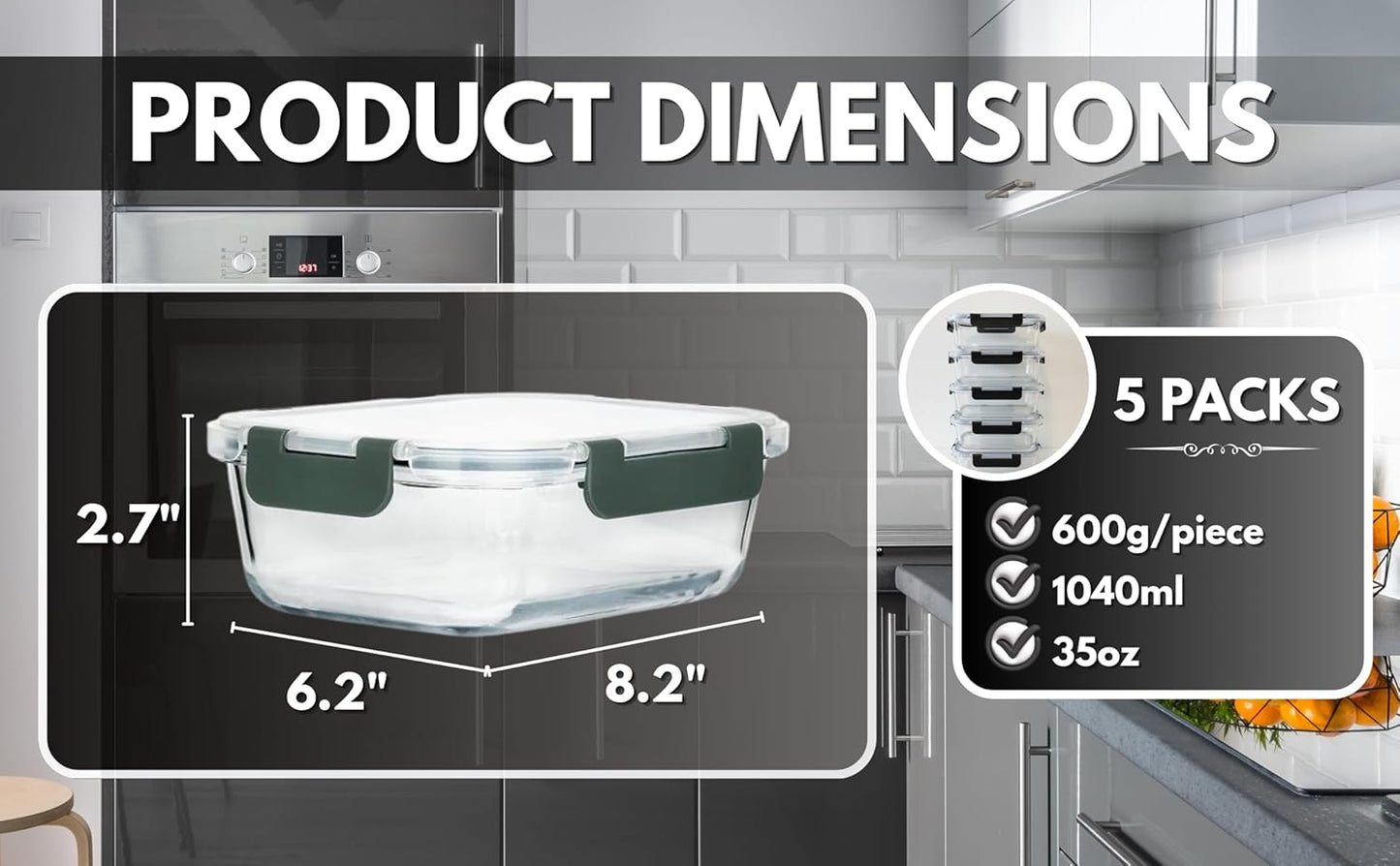 5-Pack Borosilicate Glass Food Containers 35oz, Airtight BPA-Free Meal Prep Containers with Locking Lids, Oven, Microwave & Dishwasher Safe Storage Set