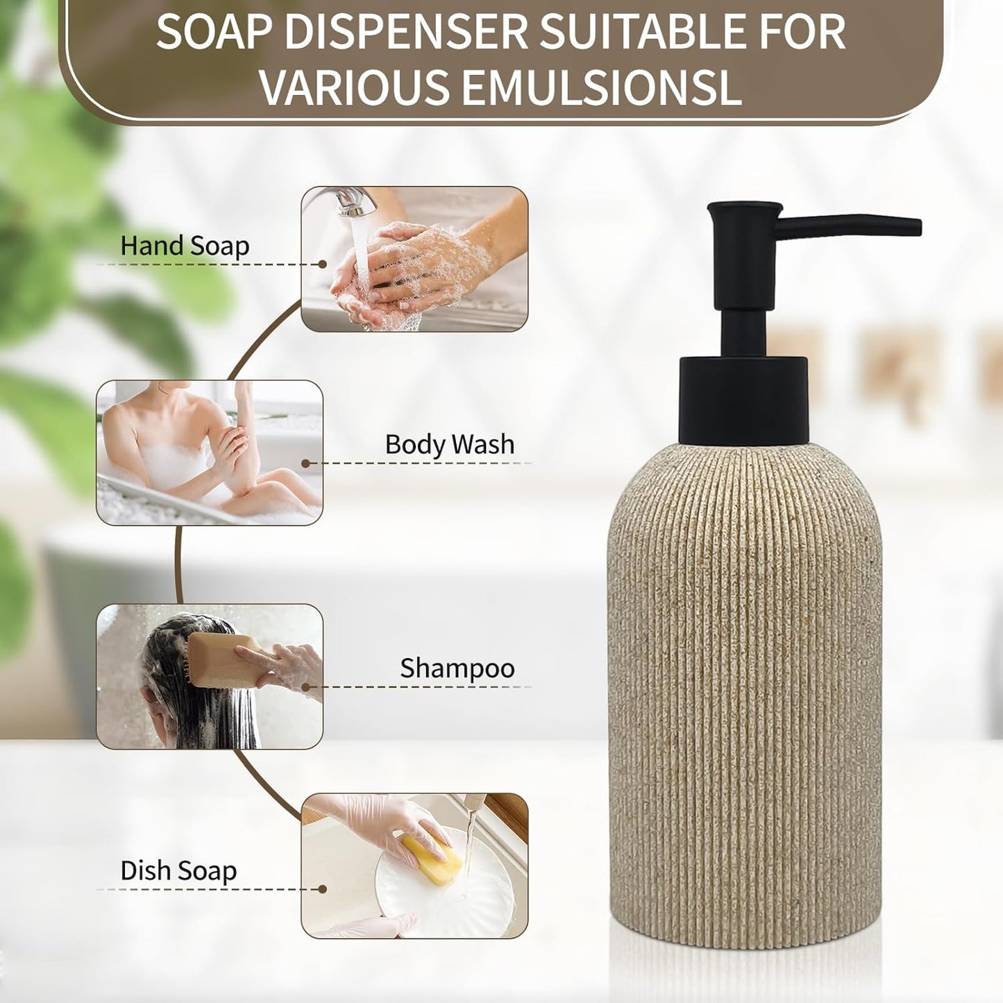 Hand Soap Dispenser for Bathroom and Kitchen Countertop, 10 oz Resin Soap and Lotion Dispensers Set with Plastic Rust Proof Pump, Boho Refillable Liquid Dish Soap Dispensers Bottle,Beige