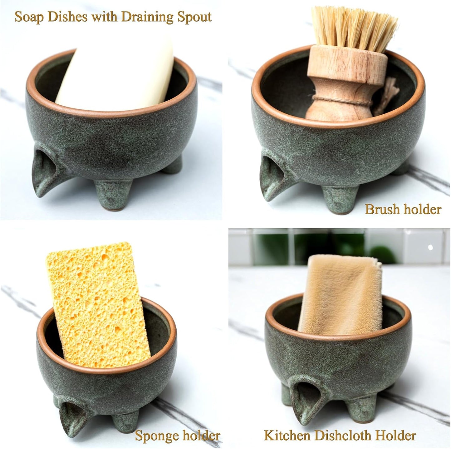 Soap Dish with Drainage，Ceramic Self Draining bar Soap Holder for Shower，Bathroom，Sink，Kitchen and Countertop，Keeps Bars Dry& Lasts Longer，Avocado Green