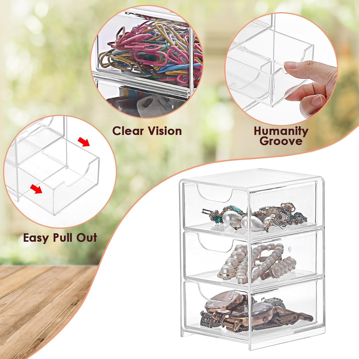 BTSKY 2 Pack Small Acrylic Storage Organizer with Drawers, 3-Layer Clear Desktop Organizer for Office Supplies Mini Storage Box with Drawers for Desk, Desktop Makeup Drawer Jewelry Storage Box