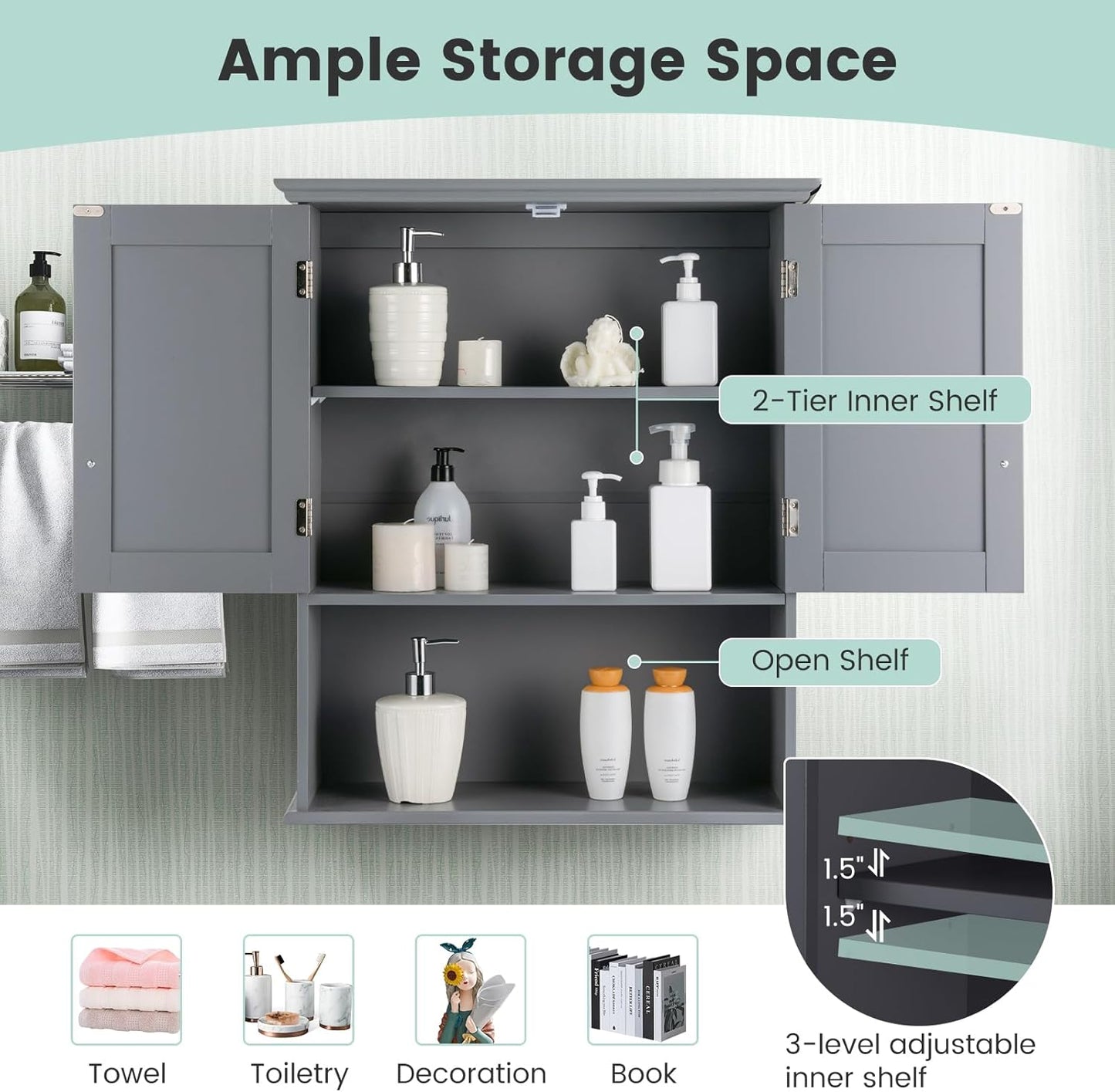 Giantex Medicine Cabinets, Wall Mounted Bathroom Cabinet with Adjustable Shelf, 2-Door, Bathroom Storage Cabinet Over The Toilet, Living Room, Kitchen, Laundry Room, Cupboard (Gray)