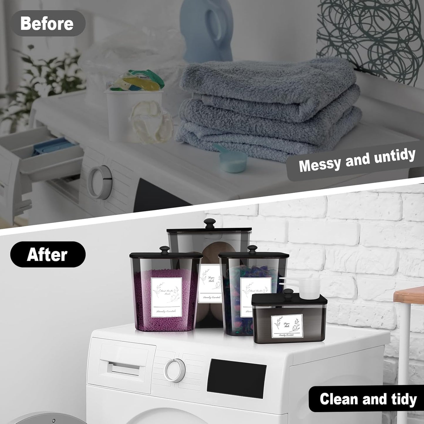 4 Pack Laundry Detergent Containers & Dryer Sheet Holder with Black Lids, Scoops & Labels - Plastic Laundry Organizer and Storage Jars for Pods, Detergent, Scent Booster