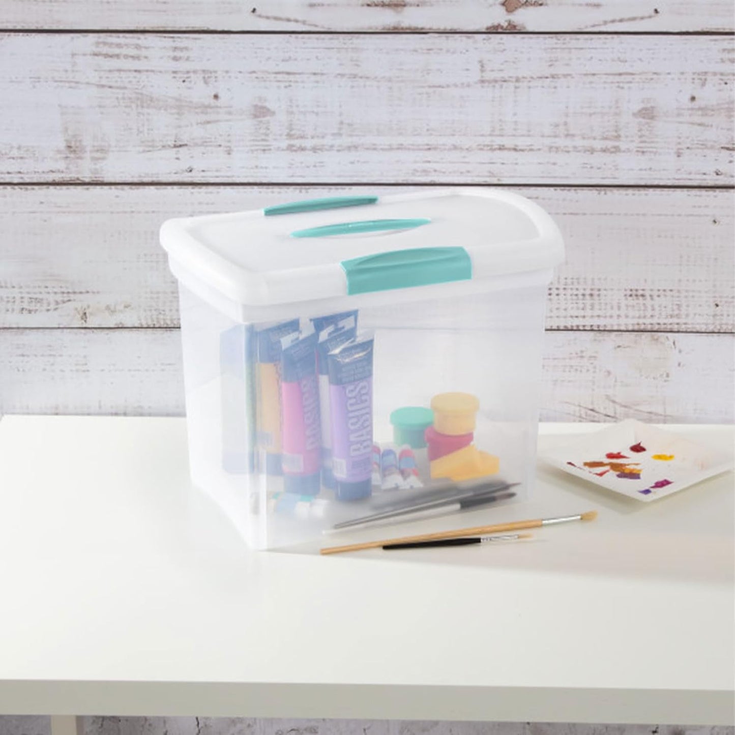 Sterilite Large Nesting ShowOffs, Stackable Small Storage Bin with Latching Lid and Handle, Plastic Container to Organize Office Files, Clear, 6-Pack