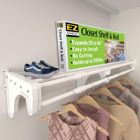 EZ SHELF - Closet Shelf with Hanging Rod - 29" to 49” Expandable, White, Closet Shelves - Strong, Holds 200 lbs - Easy Install - 1 Side Wall & Backwall with 1 End Bracket, Alternative to Wire Shelving