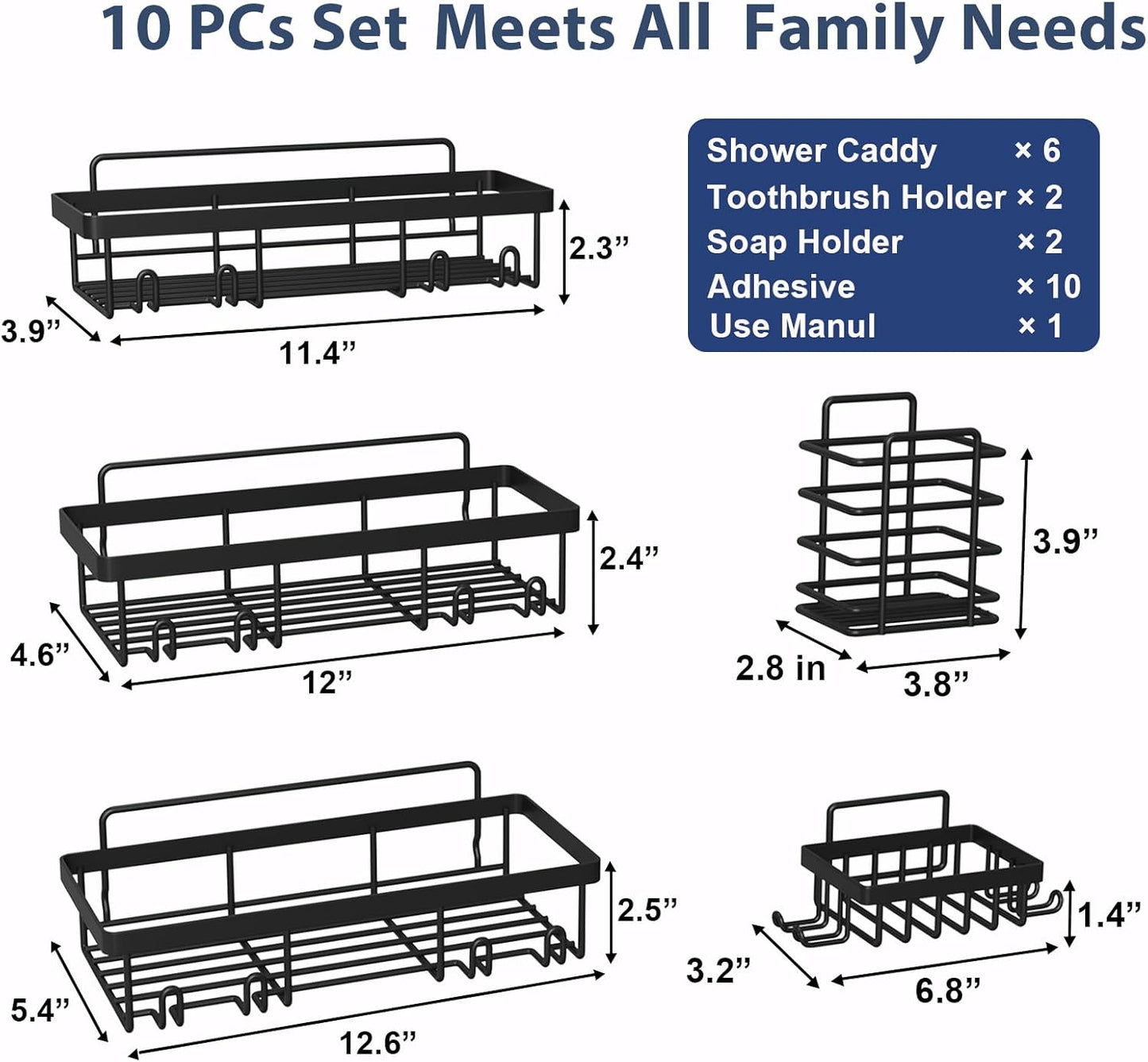 10 Pack Shower Caddy Organizer Rack Shelf for Inside Shower, Self Adhesive Wall Storage Basket Rustproof Stainless Steel Shampoo Holder Bathroom Accessory Decor Set, Black