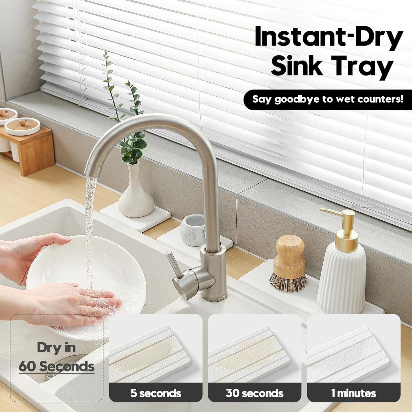 3 Pack Stone Dryin Tray, Water Absorbing Diatomite Stone Sink Mat for Kitchen & Bathroom Counter, Soap Dish Vanity Caddy,Sponge Holder Organizer, White - 2pcs of 4.5"x 3.5" and 1pc of 9"x 3.5"