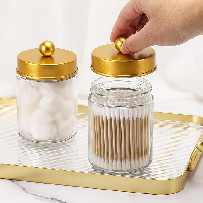 Tbestmax 4 Pack Glass Qtip Holder Dispenser, 10-Ounce Restroom Bathroom Organizers and Storage Containers, Apothecary Jars with Metal Lids for Cotton Ball Swab Pad, Gold