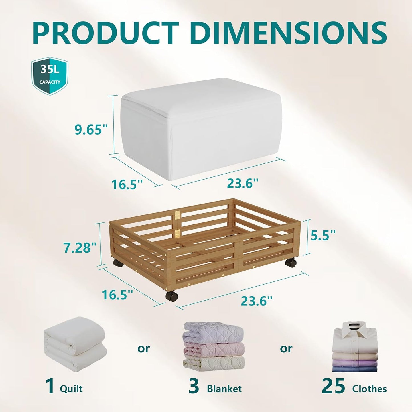 Bamboo Under Bed Storage Containers- Underbed Organizer with Wheels with Large Capacity Dust Bag,Sturdy Wood Rolling Under Bed Shoe Storage Organizer 2 Packs (Walnut, 2 Packs (23.62"×16.54"))