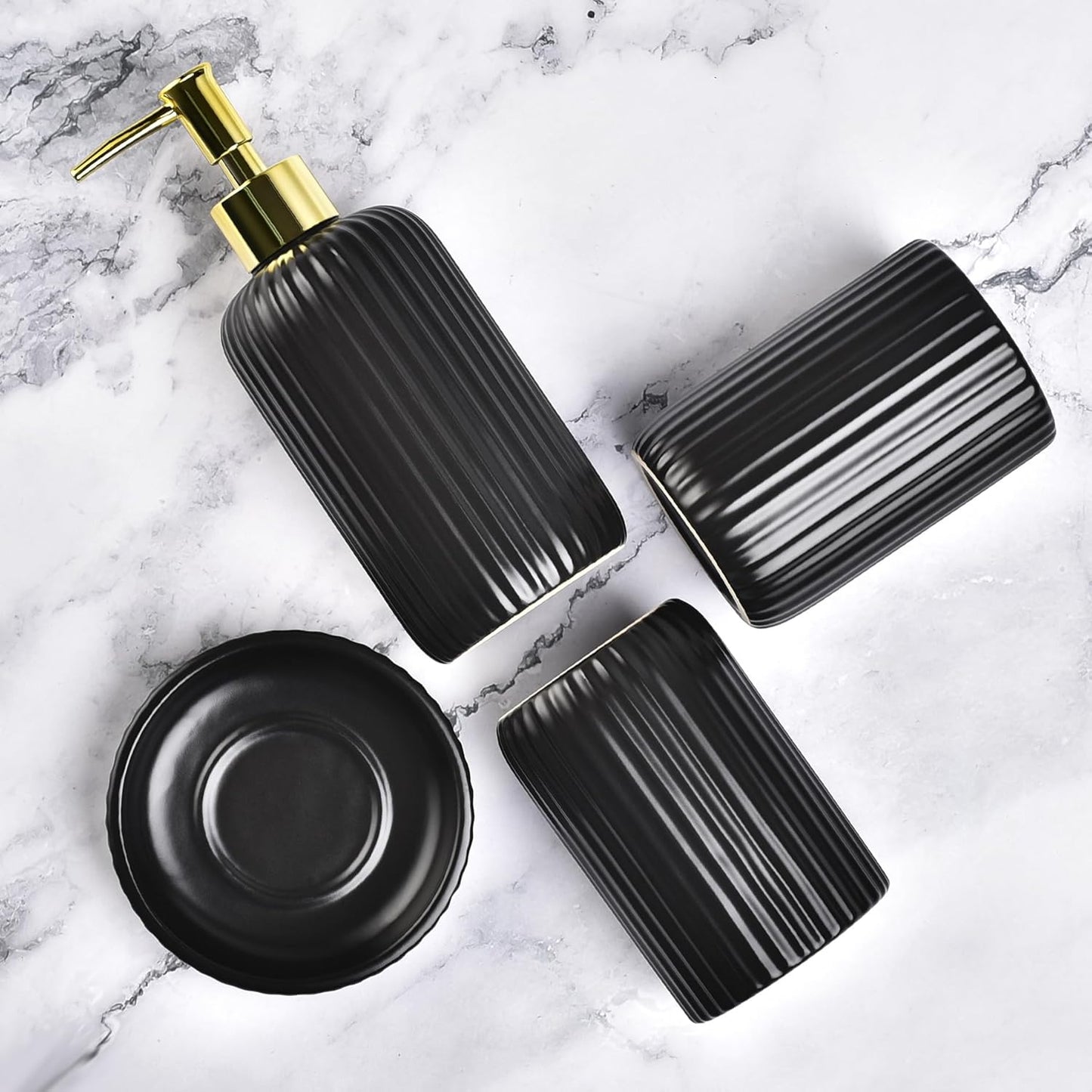 Black Bathroom Accessories Set, 4PC Ceramic Bathroom Sets Complete-Toothbrush Holders, Soap Dispenser, Soap Dish, Toothbrush Cup, Stylish Black Gold Bathroom Decor, Bathroom Organizer for Countertop