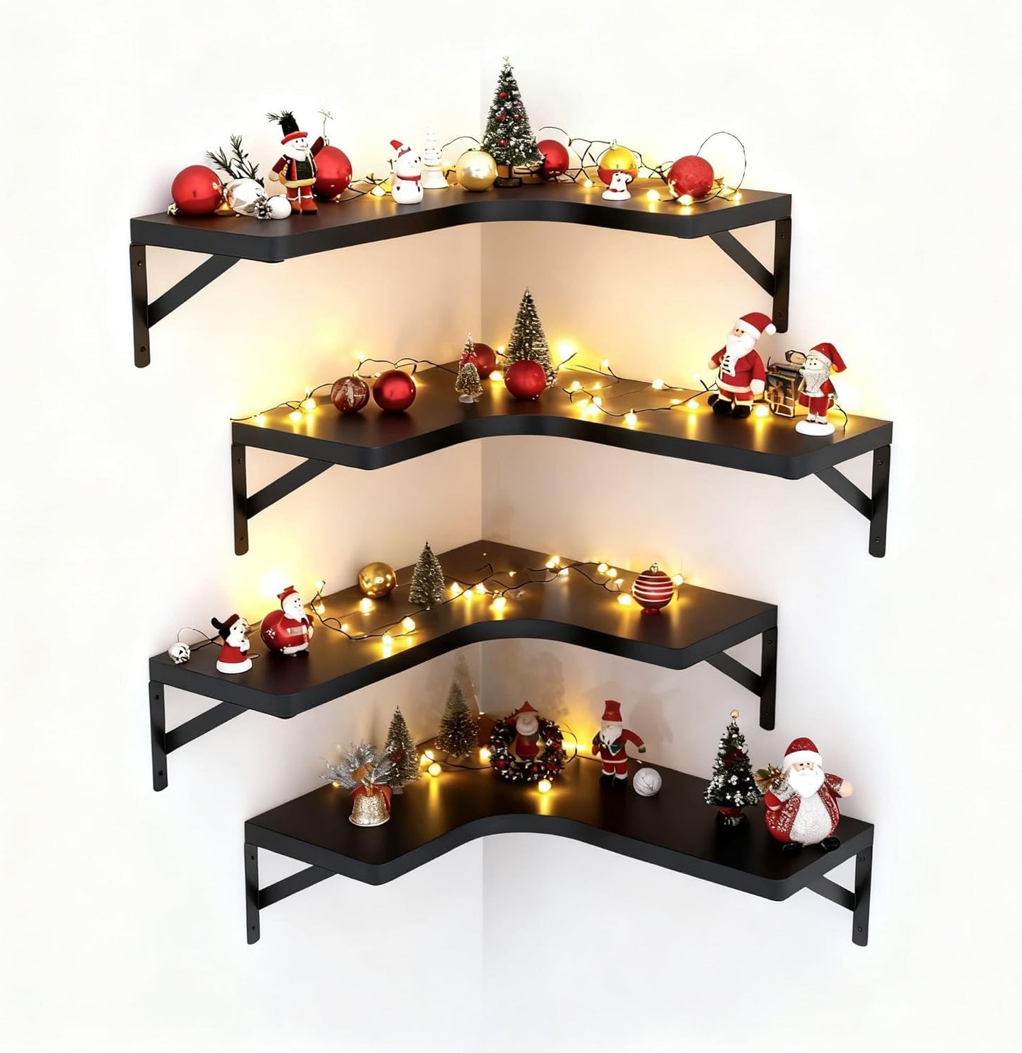 LEOPO Corner Floating Shelves Set of 4, Hardwood Storage Shelves, Cozy & Dependable Floating Shelves for Bedroom, Living Room, Kitchen, Office and More, Black