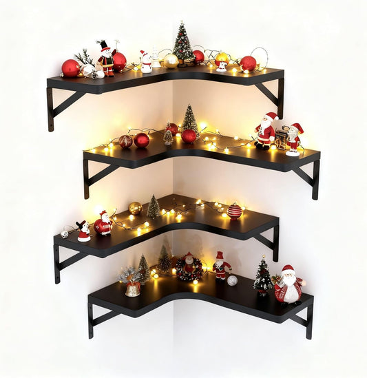 LEOPO Corner Floating Shelves Set of 4, Hardwood Storage Shelves, Cozy & Dependable Floating Shelves for Bedroom, Living Room, Kitchen, Office and More, Black