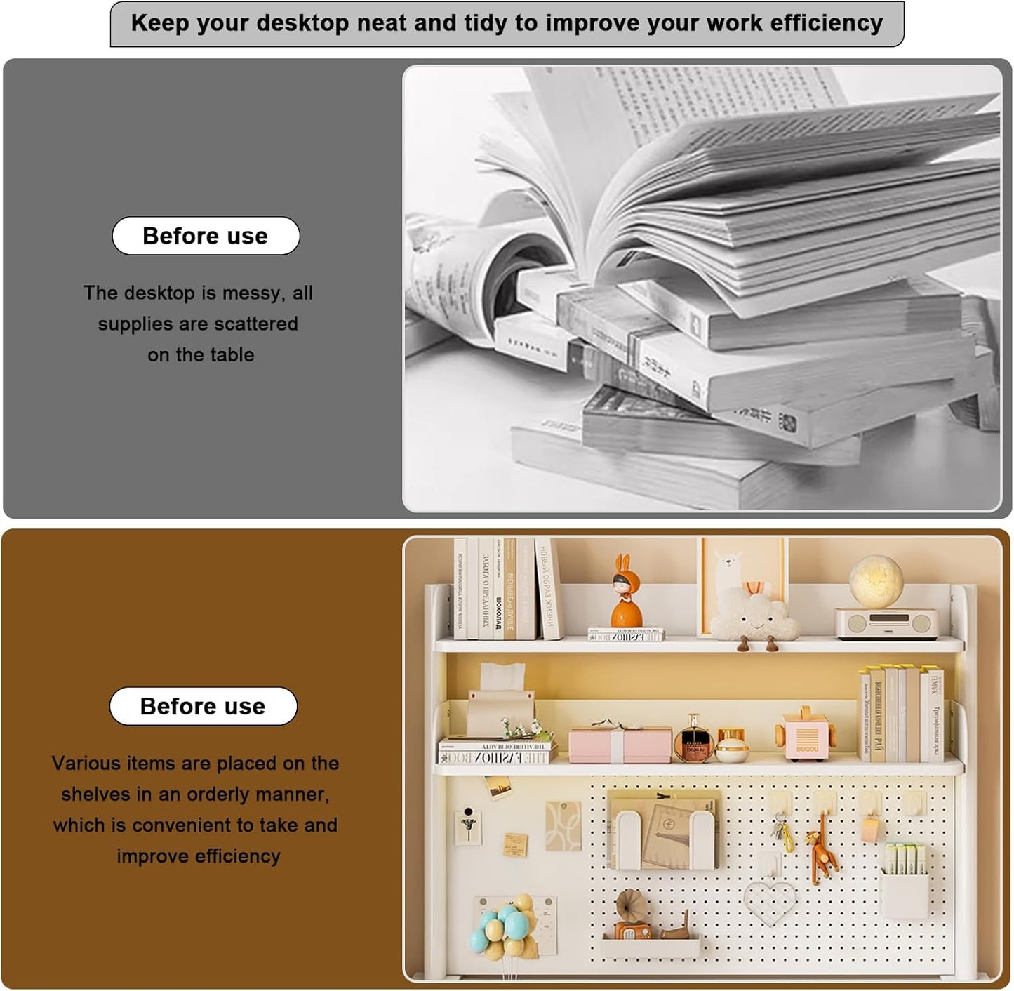 Clamp on Desk Shelf with Pegboard, Black Desktop Bookshelf Organizer Storage Shelves for Home Office Dorm Gaming Desk, Space Saving Tabletop Display Rack Organization (White, 23.6in)