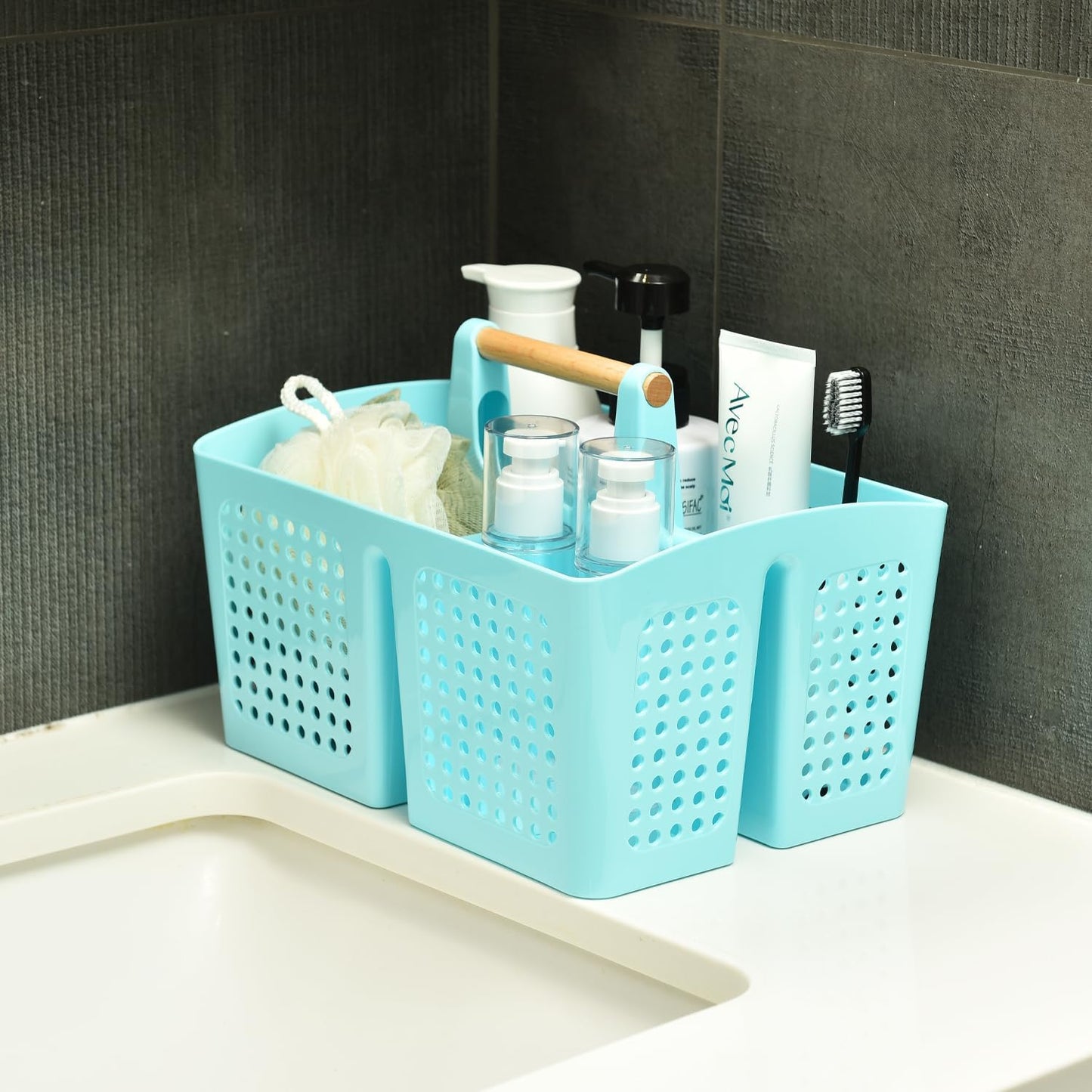 Portable Shower Caddy Basket with Compartments, Plastic Divided Cleaning Caddy Organizer Storage Tote with Handle for Bathroom, College, Dorm Room Essentials, Light Blue