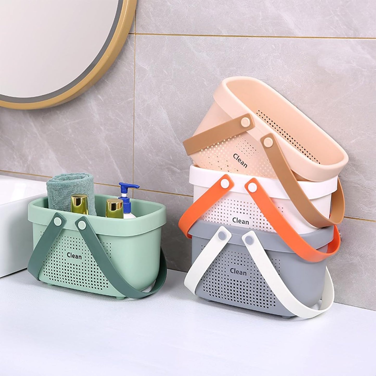 JiatuA Plastic Storage Basket with Handle Portable Shower Caddy Tote Organizer Basket Bin for Bathroom Kitchen Dorm Room Bedroom, Small Green