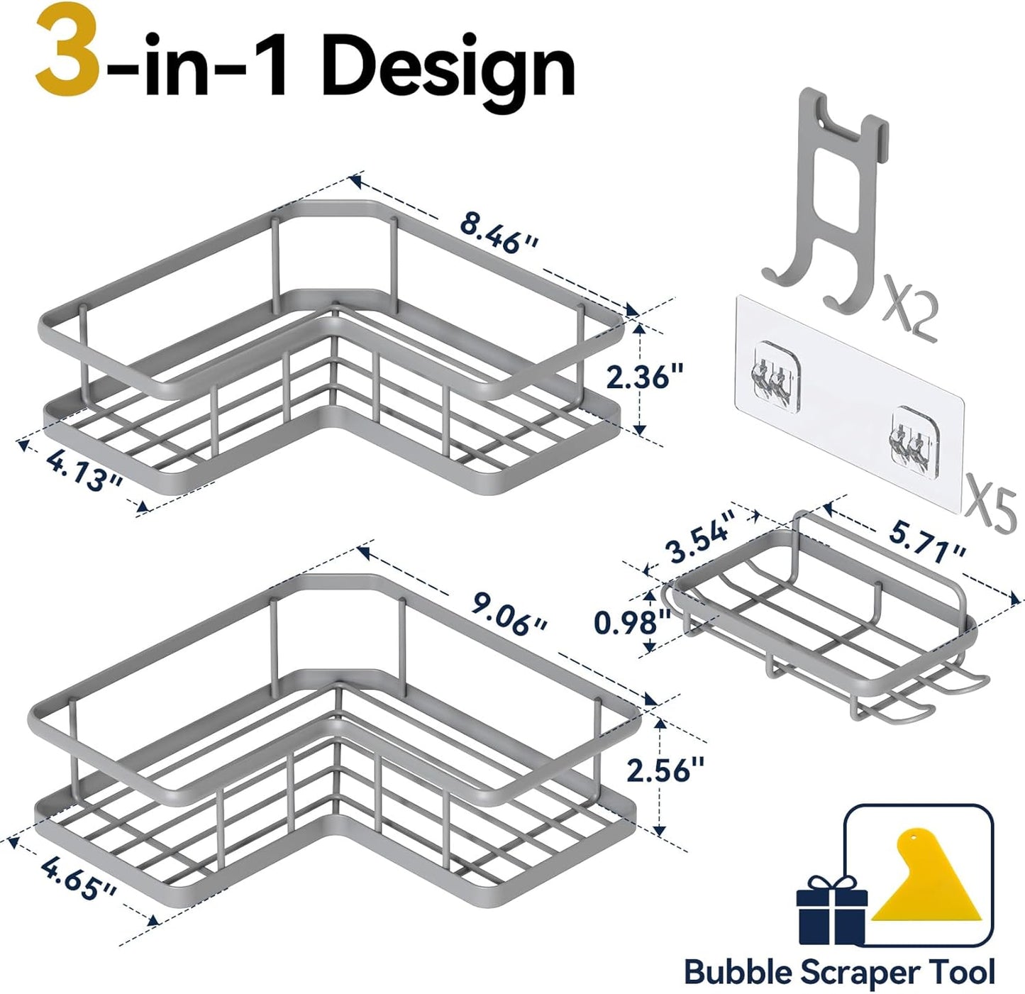 YASONIC Shower Caddy Corner, 3-Pack Adhesive Rustproof Stainless Steel Shower Shelves with Soap Holder, No Drilling Shower Organizer Corner for Dorm, Renters Bathroom, Grey