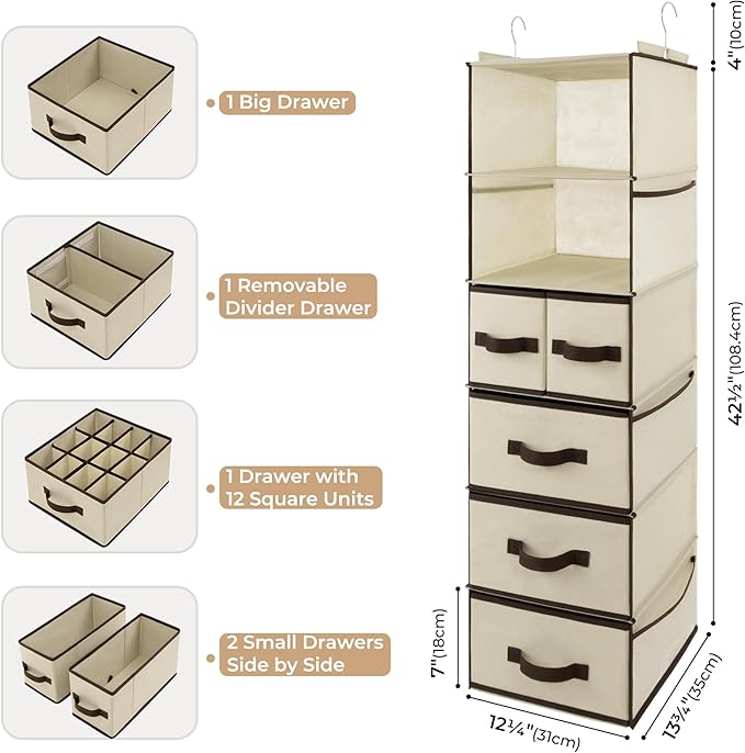 GRANNY SAYS Hanging Closet Organizers and Storage 6 Shelves, Closet Hanging Organizer with 5 Drawers, 6 Side Pockets Hanging Storage Organizer, Portable Clothes Organizer for Closet, Beige