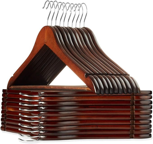 Casafield - 20 Walnut Wooden Suit Hangers - Premium Lotus Wood with Notches & Chrome Swivel Hook for Dress Clothes, Coats, Jackets, Pants, Shirts, Skirts