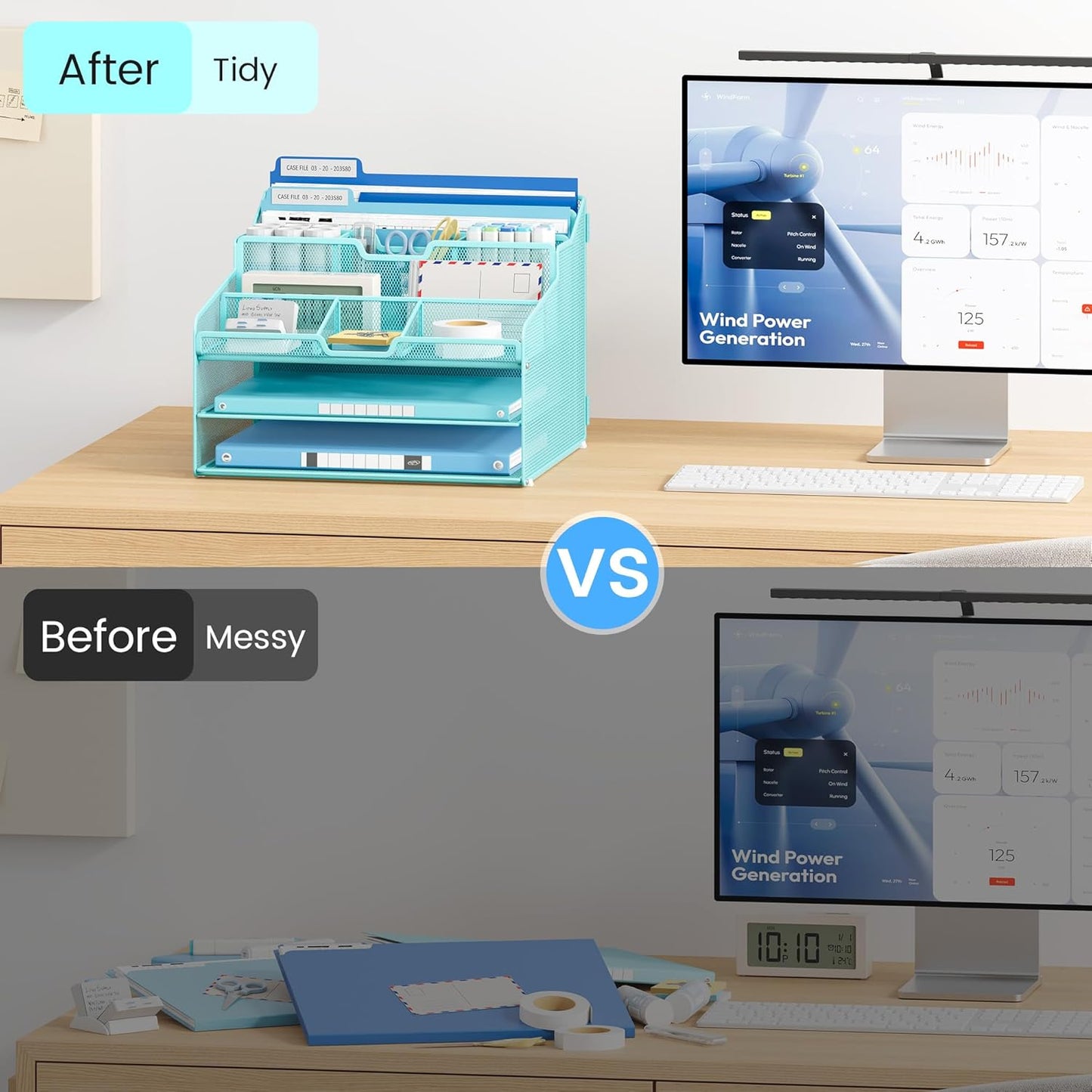 Lavatino Desk Paper File Organizer - Metal Mesh with 2 Letter Trays, 7 Flexible Dividers, 2 Vertical File Folder Holders for Office/Home/Classroom Supplies, Desk Organizers and Accessories, Blue