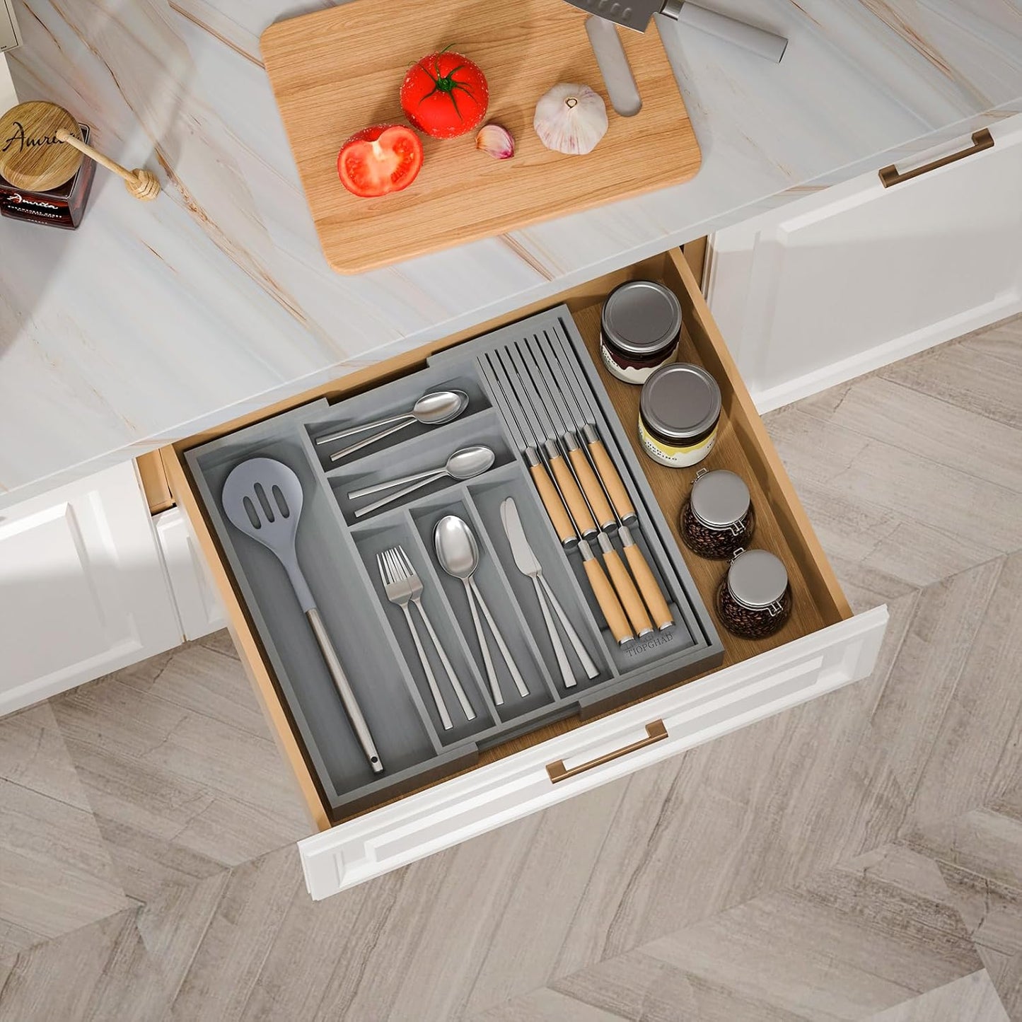 Bamboo-Silverware-Drawer-Organizer-Kitchen, Expandable Utensil Holder Cutlery Tray Flatware Organization Adjustable Wood Tableware Dividers Storage (with Removable Knife Block)(Grey)