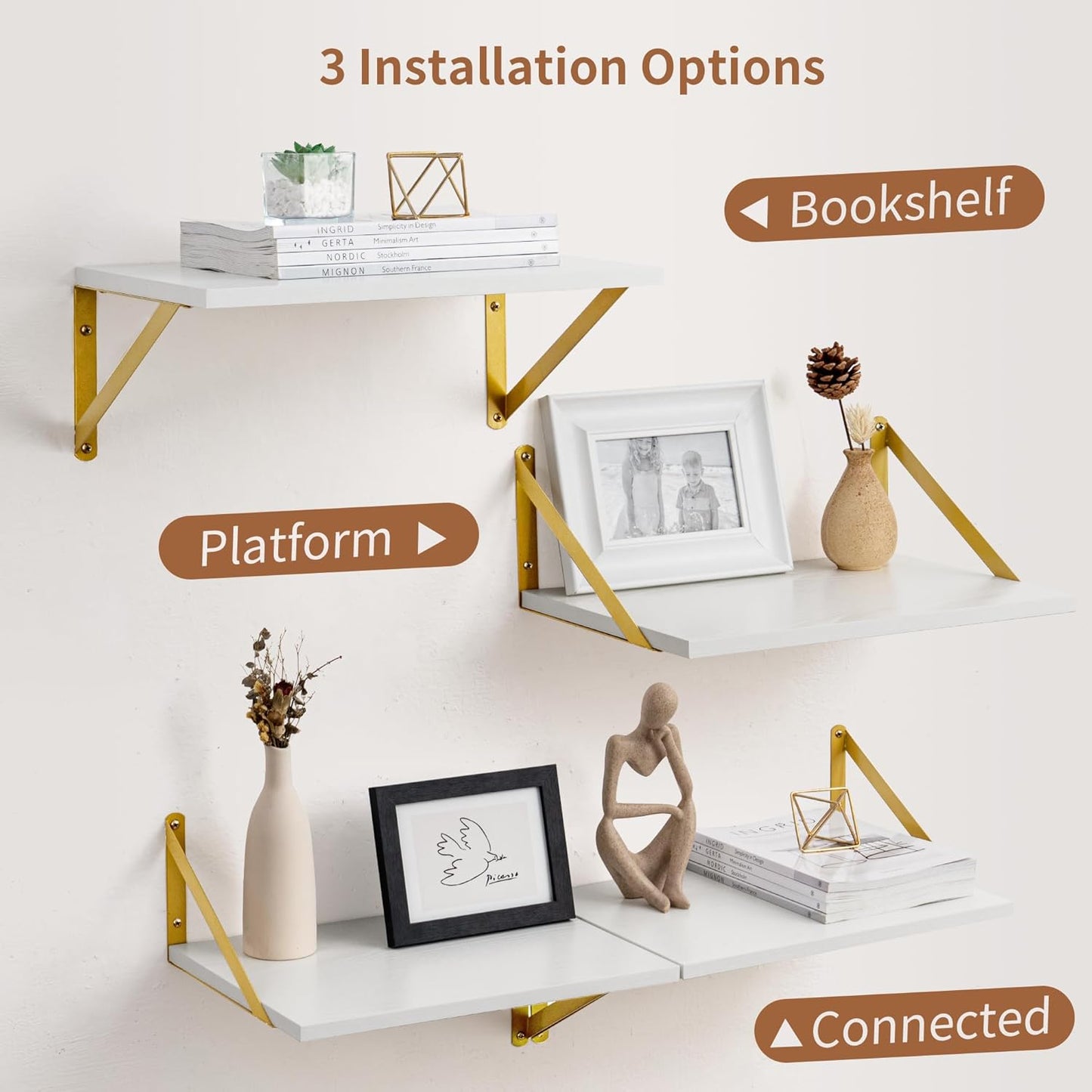 Axeman Deep Floating Shelves for Wall, 12 Inch Deep White and Gold Shelves Set of 2, 16W x 12D White Wood Wall Shelves with Golden Brackets for Bedroom Bathroom Living Room Kitchen - White & Gold