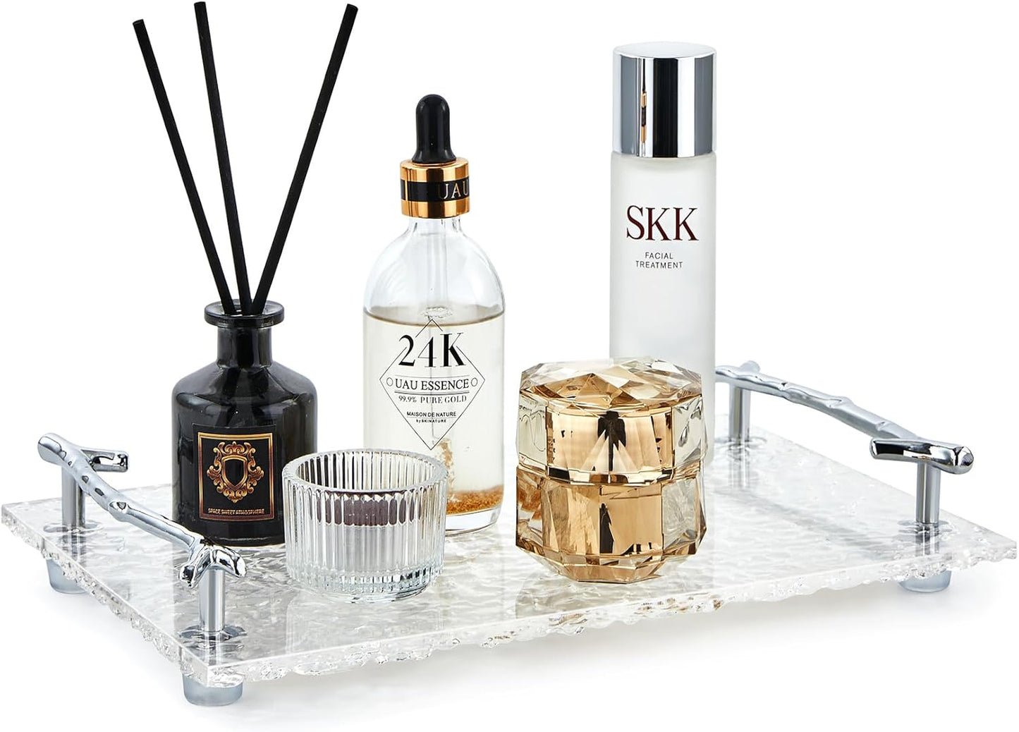 Acrylic Perfume Trays,Bathroom Vanity Trays, Cosmetic Table Jewelry Skin Care Cosmetics Tray, Napkin Tray, Metal Handle, Non-Slip Silicone, Clear.