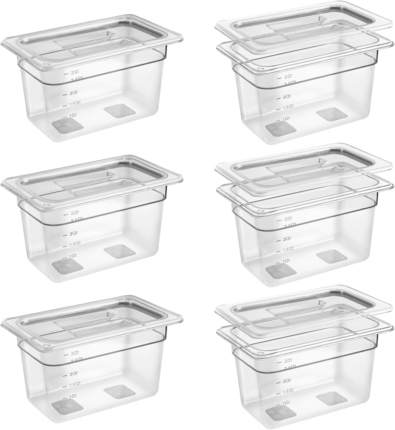 6 Pack 1/4 Size 6'' Deep Clear Food Pans with Lids, Commercial Food Pans Polycarbonate Transparent Food Storage Containers, Stackable Plastic Pan with Capacity Scale, Restaurant Supplies Hotel Pan