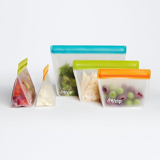 (re) zip 5-Piece Stand-Up Pack n Go Reusable Bag Kit, BPA-Free, Food Grade, Leakproof, Freezer and Dishwasher Safe, Quart (1), 2-Cup (2), Snack (2) - Multicolor