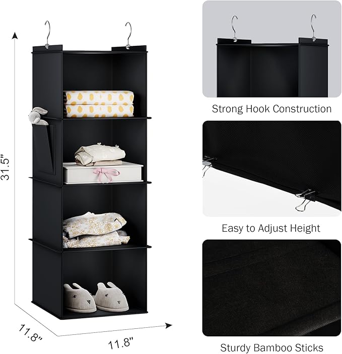 YOUDENOVA Hanging Closet Organizer, 4-Shelf Closet Hanging Storage Shelves, Black