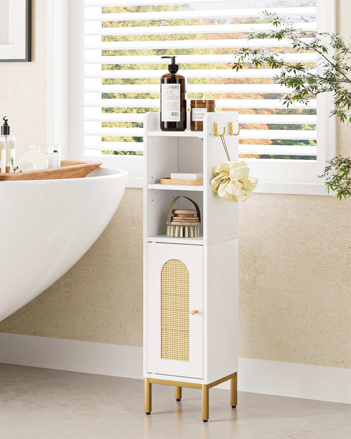 Bathroom Storage Cabinet, Small Corner Floor Hutch with Door and Shelves, Narrow Toilet Paper Cabinet, Bathroom Organizer with Adjustable Shelf, for Small Spaces (Classic-Rattan, White)