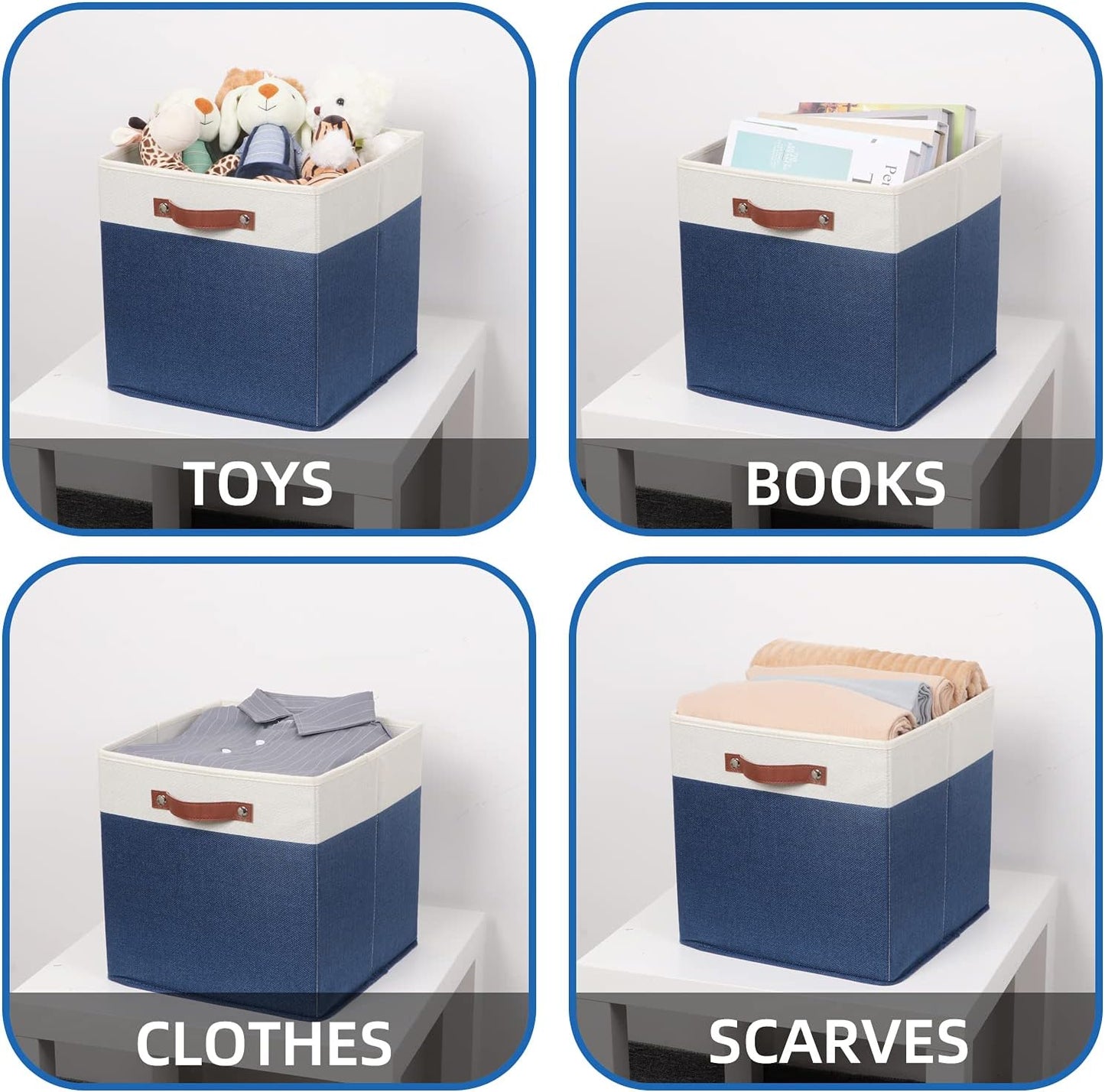Temary Fabric Storage Bins for Cube Organizer 4 Pack Cube Storage Bins 13 Storage Cubes for Shelves Storage Baskets for Organizing Books, Clothes, Towels (White & Blue, 13x13x13 Inch)
