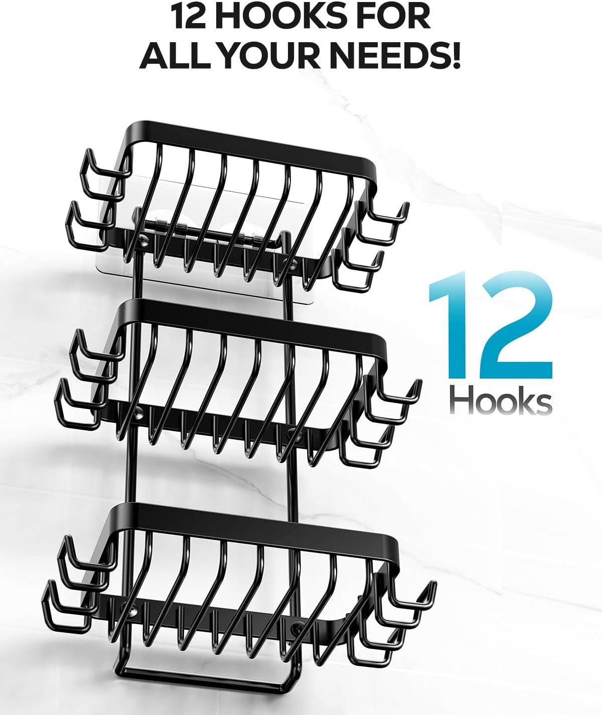 Nieifi 3 Tier Soap Holder Shower, Stainless Steel Adhesive Bathroom Shower Wall Dish Holder with Hooks, Black