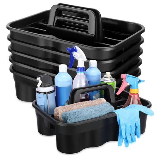 Wesiti 6 Pcs Cleaning Caddy with Handle Large Plastic Housekeeping Shower Basket Cleaning Supplies Organizer for Spray Bottles Brush Home Bathroom Office, Black