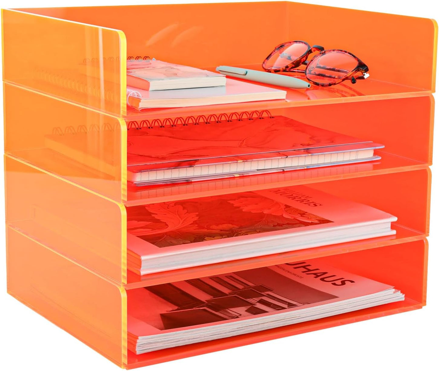 Acrylic File Organizer for Desk 4 Tiered Stackable Letter Tray Office Paper Storage Desktop Document Sorter, Neon Orange