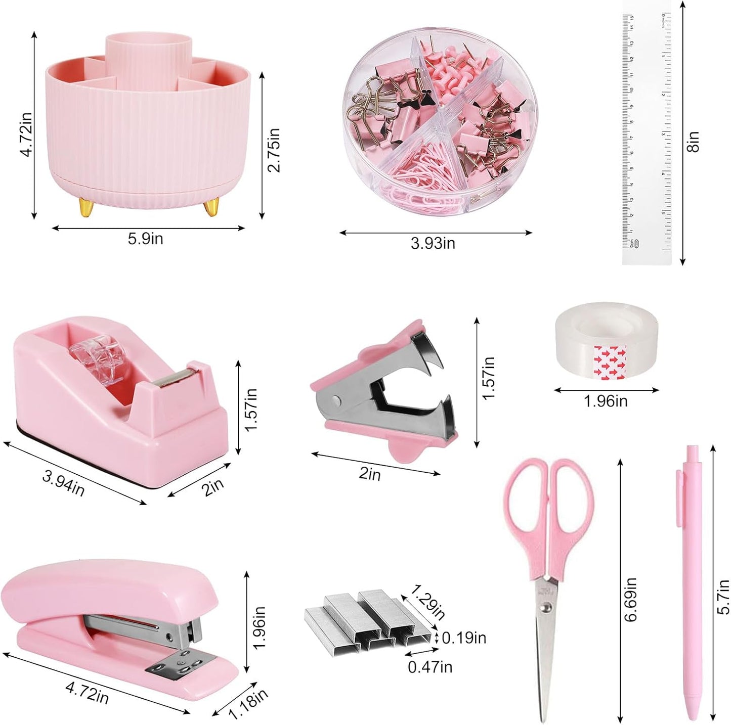 Desk Organizers and Accessories Set with 360-Degree Rotating Pen Holder, Tape Dispenser, Stapler, Staple Remover, 1000 Staples, Tape, Clips Set, Ruler, Scissor, Pen