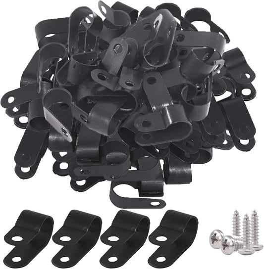 Glarks 120Pcs 3/8 Inch Black Nylon Screw Mounting R-Type Cable Clip Wire Clamp with 120Pcs Screws for Wire, Cable, Conduit and Cable Conduit Kit (Black)