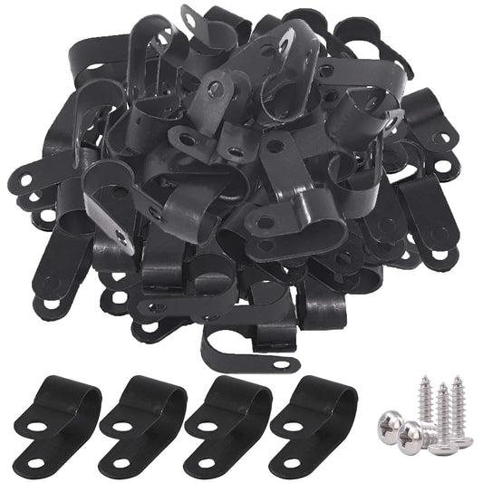 Glarks 60Pcs 3/8 Inch Black Nylon Screw Mounting R-Type Cable Clip Wire Clamp with 60Pcs Screws for Wire, Cable, Conduit and Cable Conduit Kit (Black)