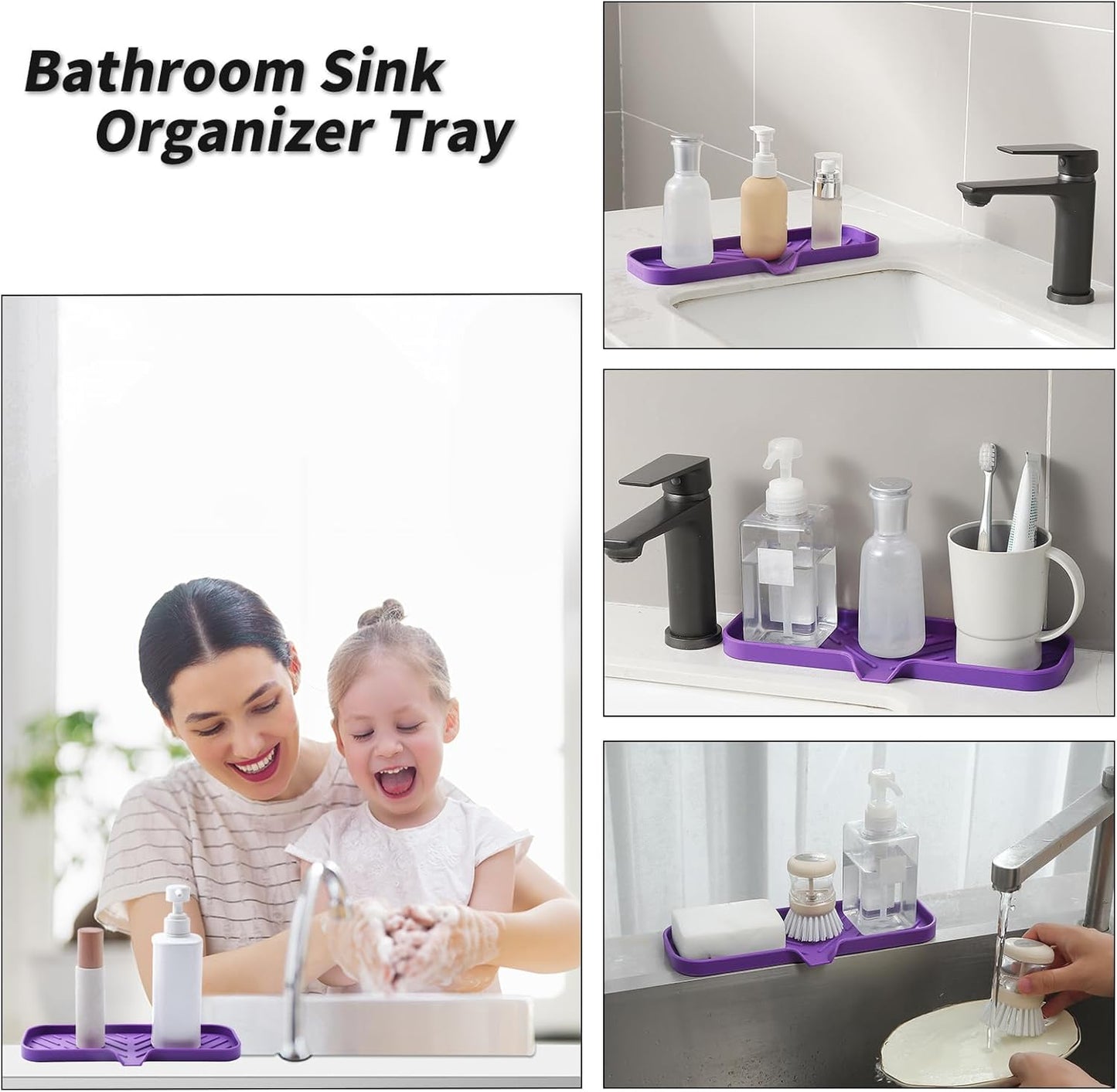 Silicone Bathroom Soap Dishes with Drain Spout-Bathroom and Kitchen Sink Organizer,Sponge Holder,Dish Soap Tray,Perfect for Dispenser,Scrubber,Bottle,Cup on Sink or Counter-Purple 12"×4"