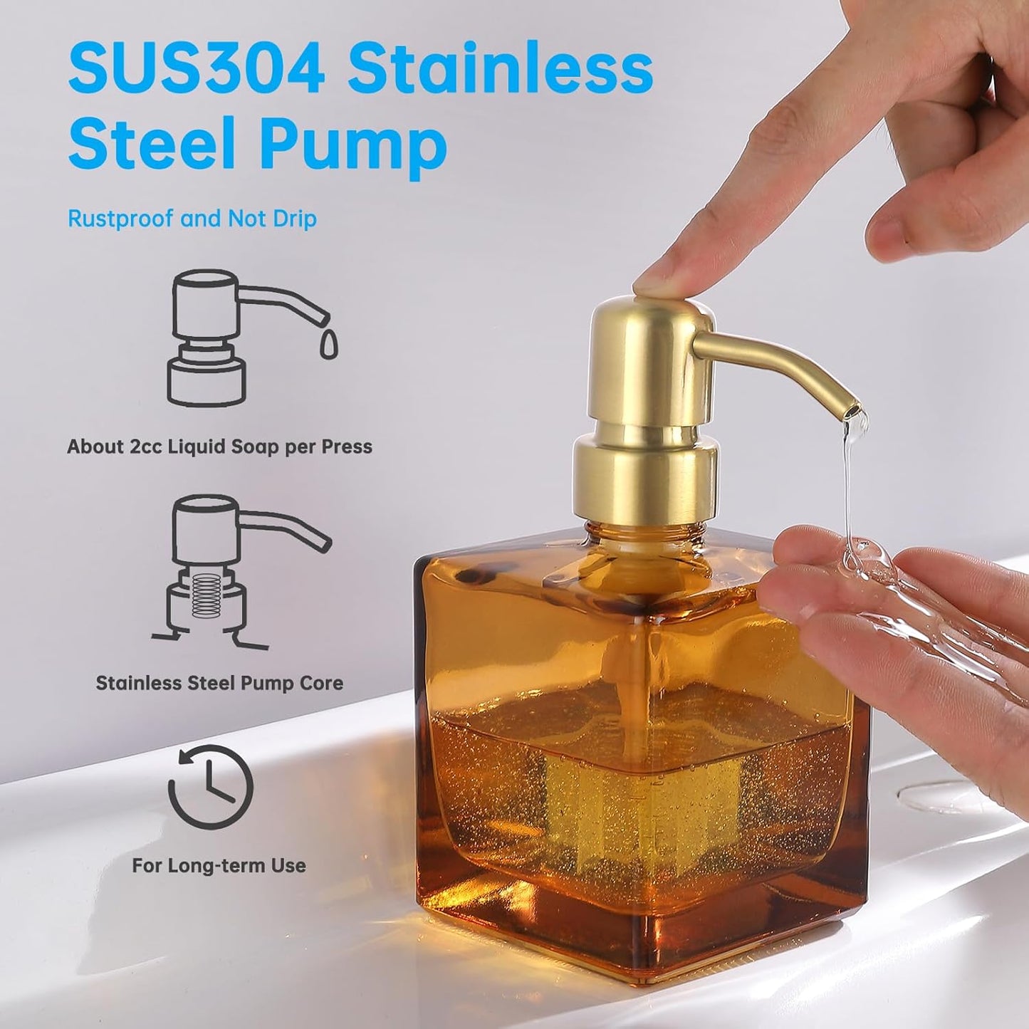 Square Bathroom Soap Dispenser Amber Bottle with Brushed Gold Pump, Retangle Cube 8.4 oz Glass Bottles with Stainless Steel Pump Hand Liquid Soap Dispenser Kitchen