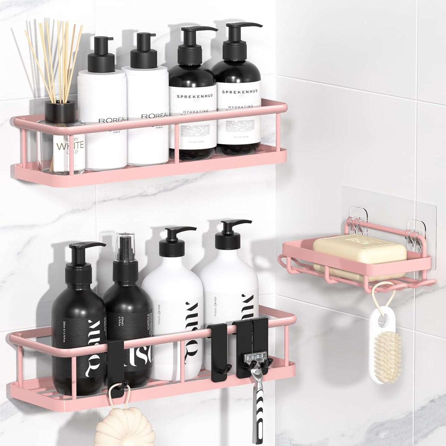YASONIC Shower Caddy Adhesive, No Drill Bathroom shower Organizers, with Removable Hooks and Soap Holder, Rust Proof Shower Shelves, Wall-Mounted Shower Holder, 3 Pack, Pink